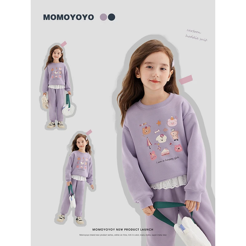 辰辰妈【芋泥】女童卡通印花加绒卫衣套装儿童秋冬休闲套装7023D