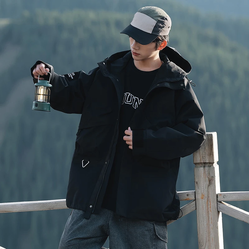 秋冬新户外三防面料男女同款港风工装夹克外套连帽潮流宽松保暖款
