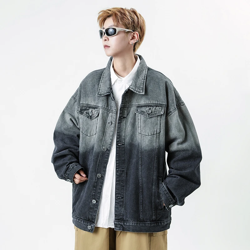 牛仔外套男女秋季渐变黑灰痞帅工装夹克ins潮流青年百搭翻领上衣