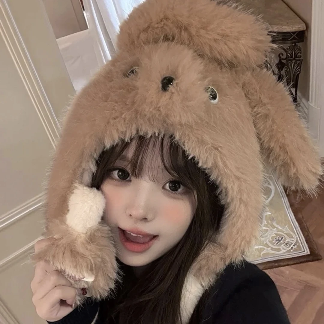 【来了】兔兔可爱小狗毛绒帽女秋冬季卡通会动耳朵护耳加厚保暖帽子