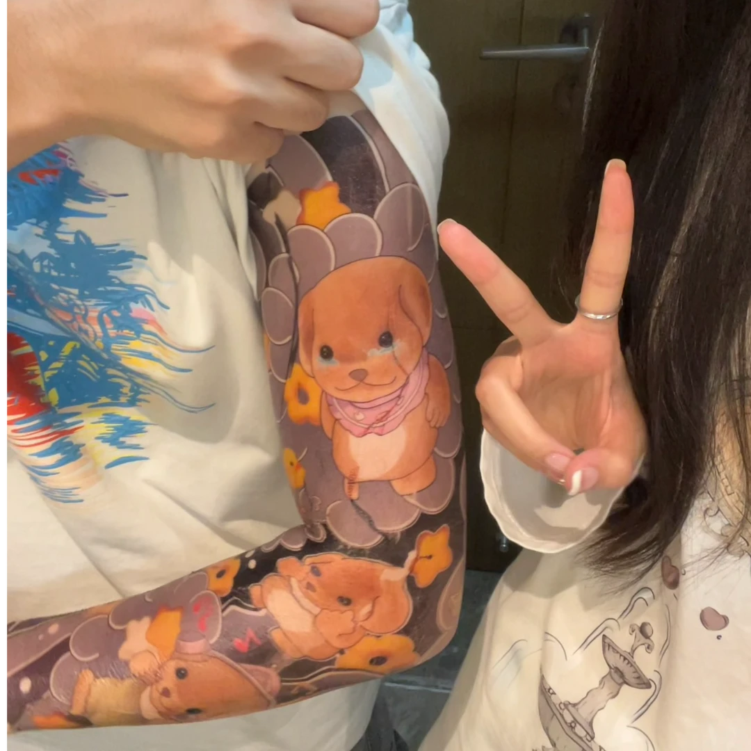 【来了】森贝儿花臂纹身贴可爱小狗防水耐磨全臂身体彩绘男友纹身