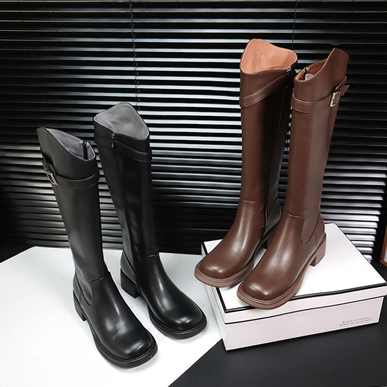 【清库存】胖妹妹加宽筒长靴中跟方头真皮骑士靴大码高筒靴秋冬新款