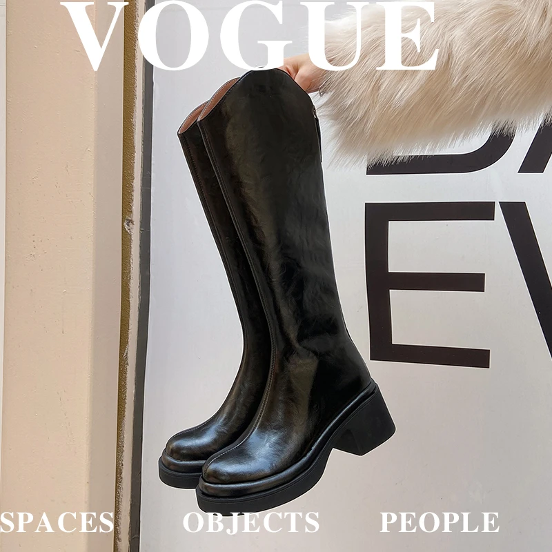 【福利】小个子大筒围真皮长筒靴粗跟圆头V口显瘦小个子厚底女靴