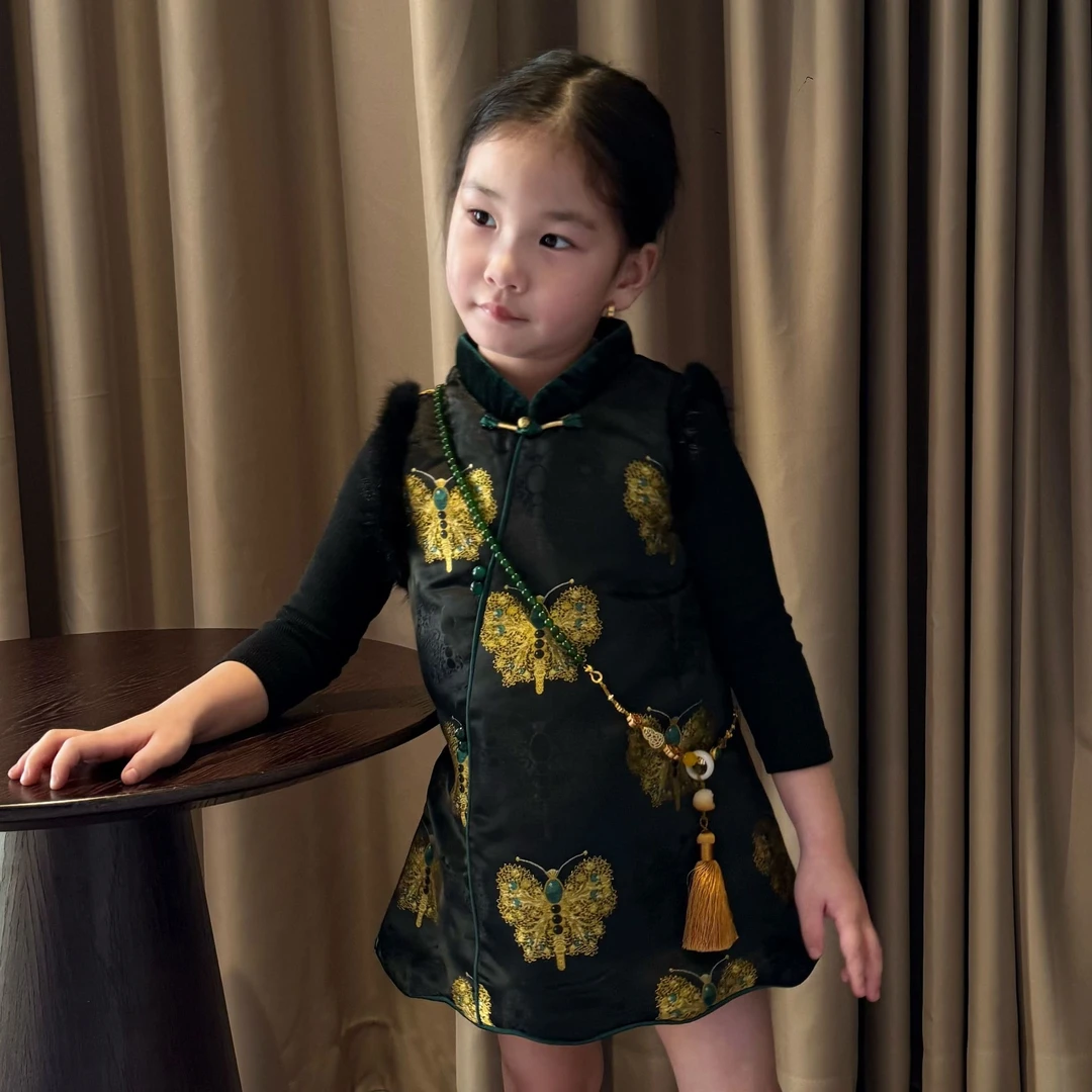 大金定制秋冬新款黑金蝴蝶贵气千金大小姐好运蝶中式旗袍服背心裙