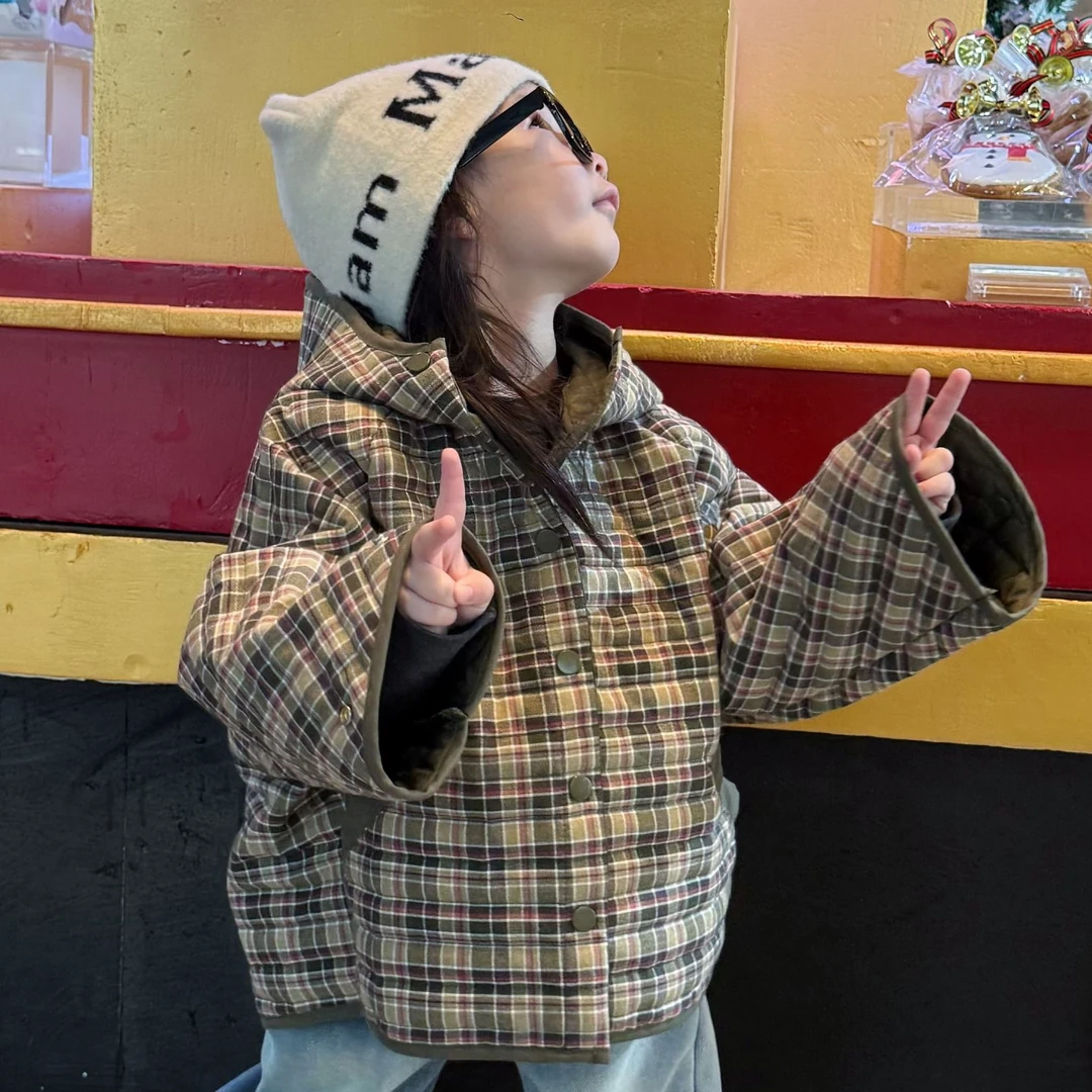 大金定制儿童新款韩系风格子夹棉外套休闲加厚洋气连帽棉衣外套