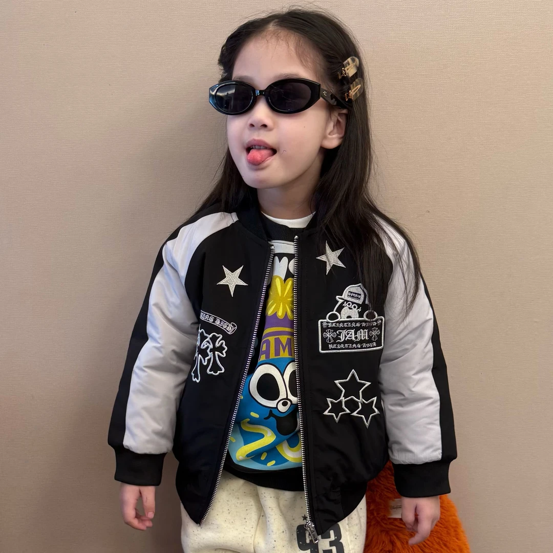 大金家儿童秋冬新款潮牌JAM撞色刺绣夹棉重工轻奢夹克加厚棉外套