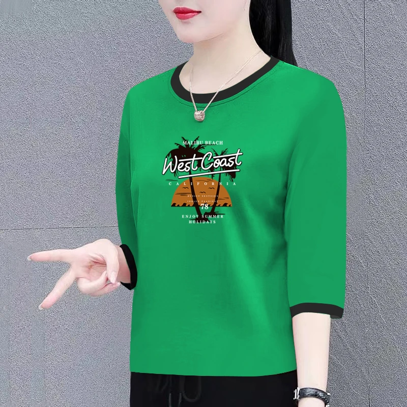 100%纯棉七分袖t恤女春秋季新款宽松显瘦遮肉百搭上衣体恤打底衫