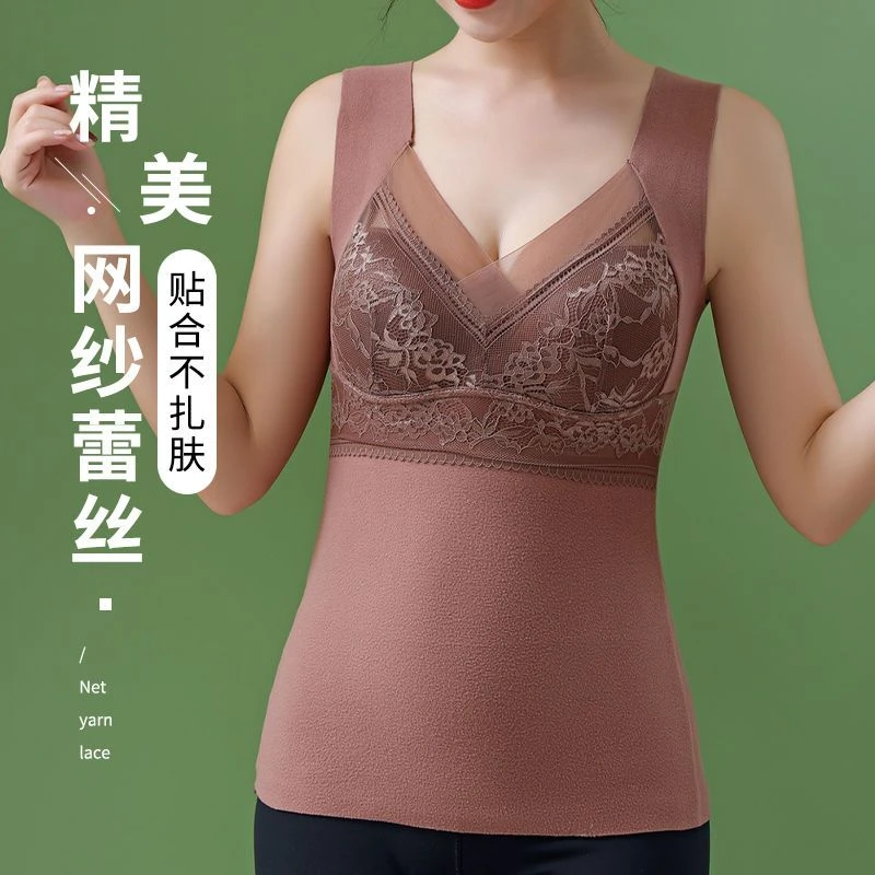 德绒蕾丝大码亲肤保暖背心女士2025爆款免穿文胸加厚打底衫秋冬款