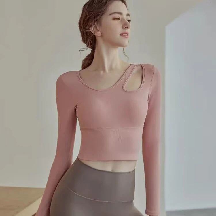 高级感瑜伽服长袖上衣女带胸垫修身显瘦跑步健身服普拉提训练服秋