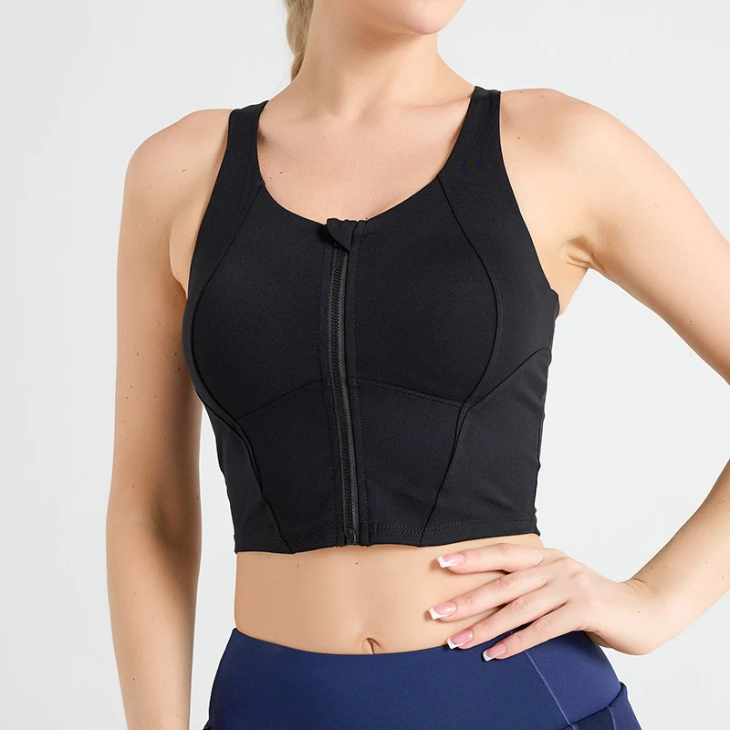 新款高强度前拉链运动内衣带胸垫 裸感速干防震瑜伽背心女防走光
