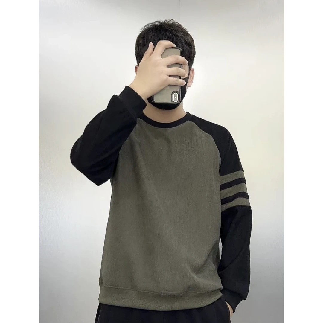 2024秋冬季男士时尚加绒秋季男上衣百搭休闲高品质拼接圆领卫衣