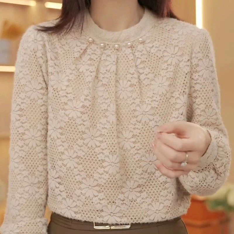 秋冬新款加绒加厚蕾丝打底衫女长袖内搭修身遮肉磨毛上衣保暖小衫