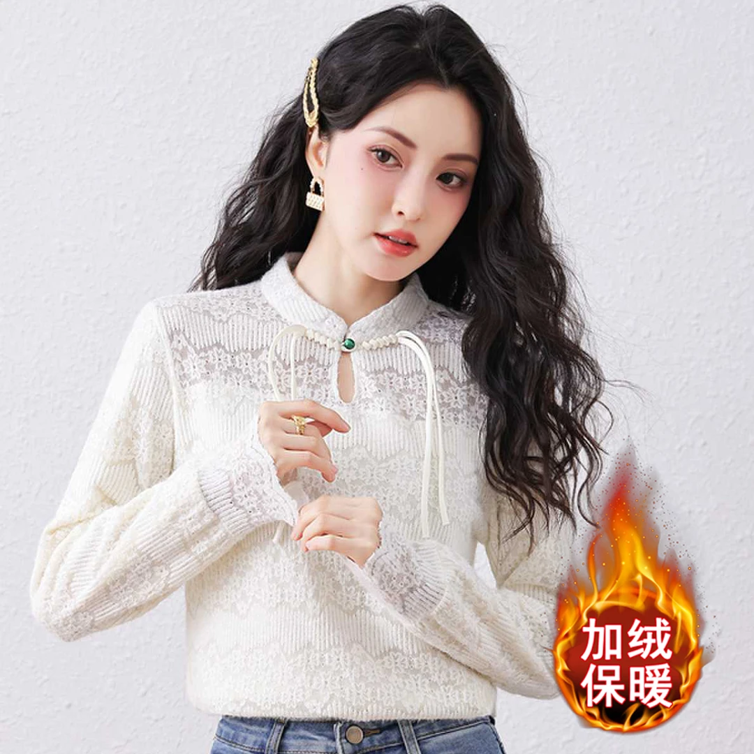 秋冬保暖减龄长袖新中式加厚衬衫女新款洋气立领加绒蕾丝打底衫女