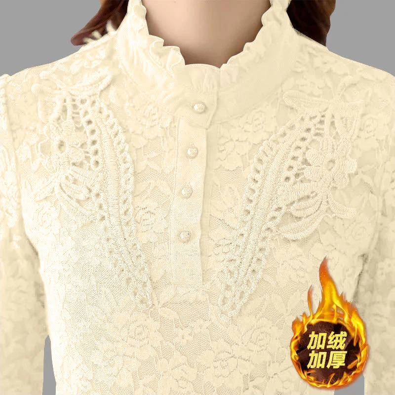 冬季新款修身显瘦洋气大码女装加厚蕾丝衫女保暖加绒打底衫上衣女