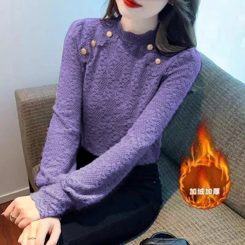 秋冬季加绒加厚打底衫女保暖修身百搭蕾丝衫打底洋气时尚内搭上衣