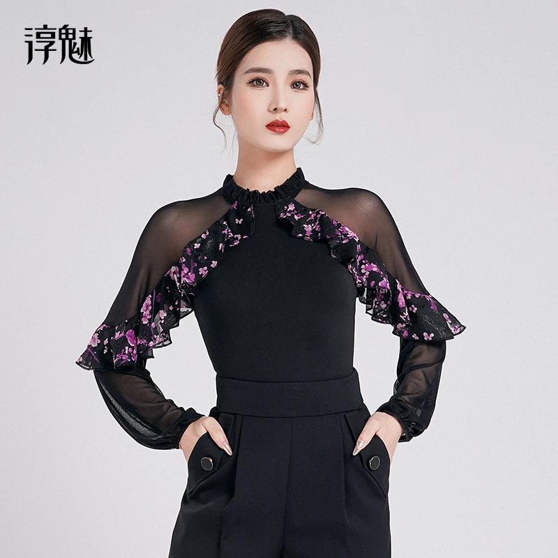 淳魅 摩登舞服女秋季交谊舞荷叶边跳舞衣服国标舞灯笼袖上衣M1055