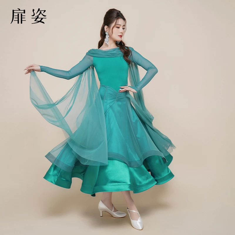 扉姿 摩登舞表演裙女新款红色飘逸舞蹈裙子大摆交谊舞连衣裙F3044