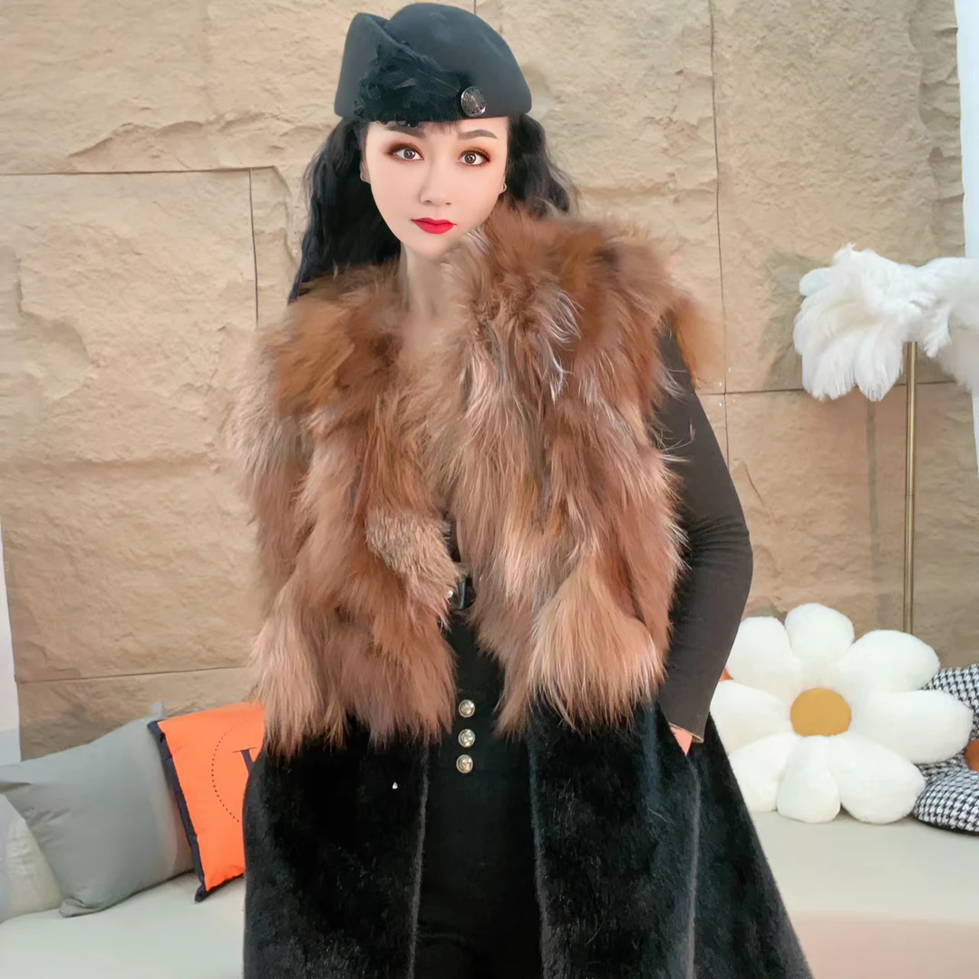 103【凡家衣橱】冬季新款时尚洋气狐狸毛领拼接环保毛重工设计马甲
