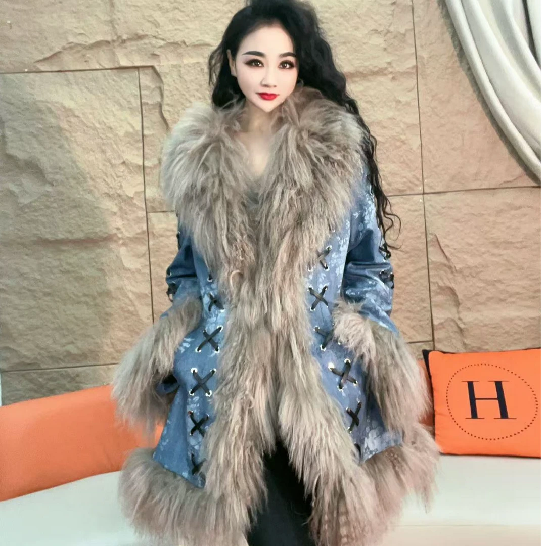 524【凡家衣橱】时尚百搭气轻奢重工牛仔拼羊滩毛加绒加厚外套