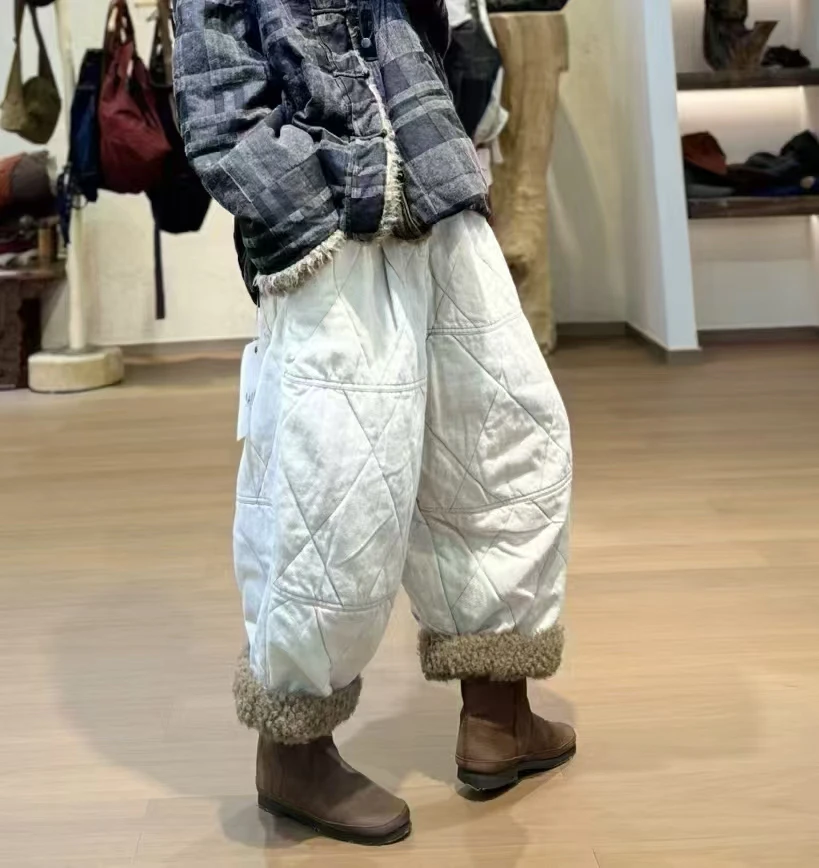 复古菱形格纹休闲棉裤冬季保暖百搭阔腿裤