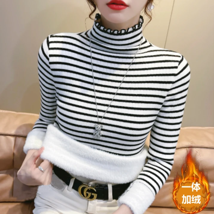 一体绒加绒加厚毛衣女打底衫半高领修身条纹保暖女潮2023秋冬新款