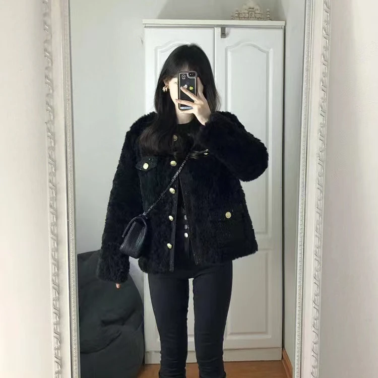 人造皮草 黑色小香风仿羊羔毛外套加厚秋冬短款仿皮草高级感上衣