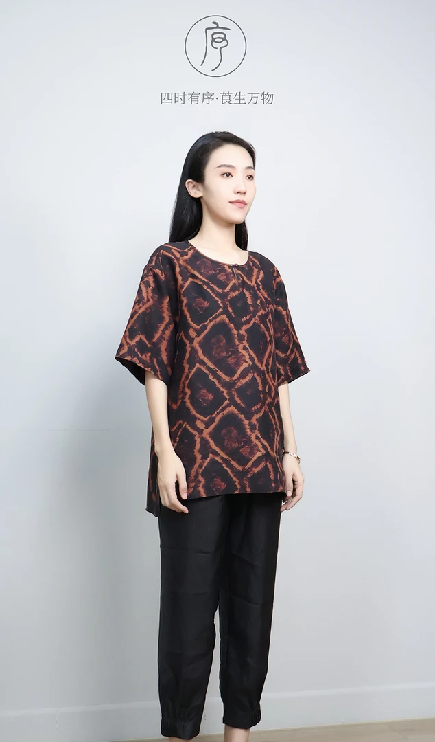 有序无序香云纱垂感设计师黑花罗直筒裤气质休闲简约百搭时尚裤子