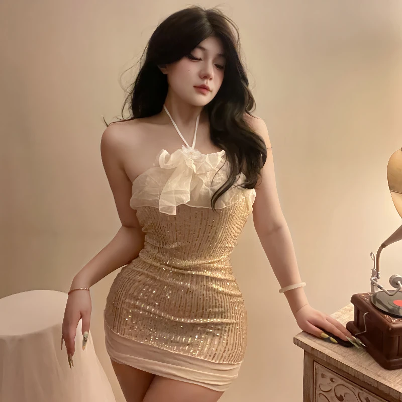 情人节飘逸花边亮片绑带礼裙七夕性感睡衣