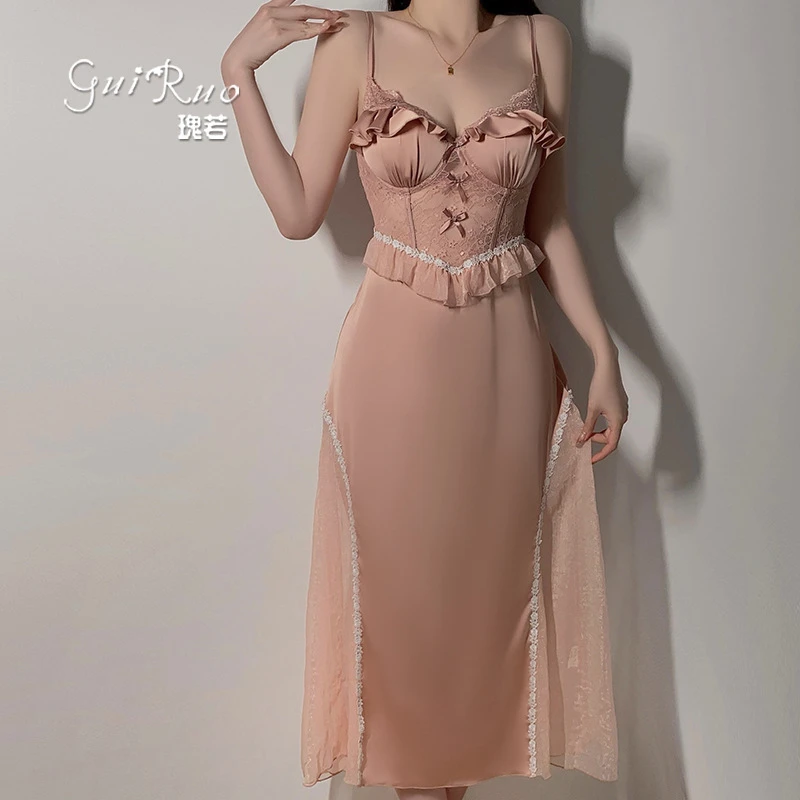 纯欲冰丝拼纱加胸垫吊带睡裙家居服性感网纱纯欲