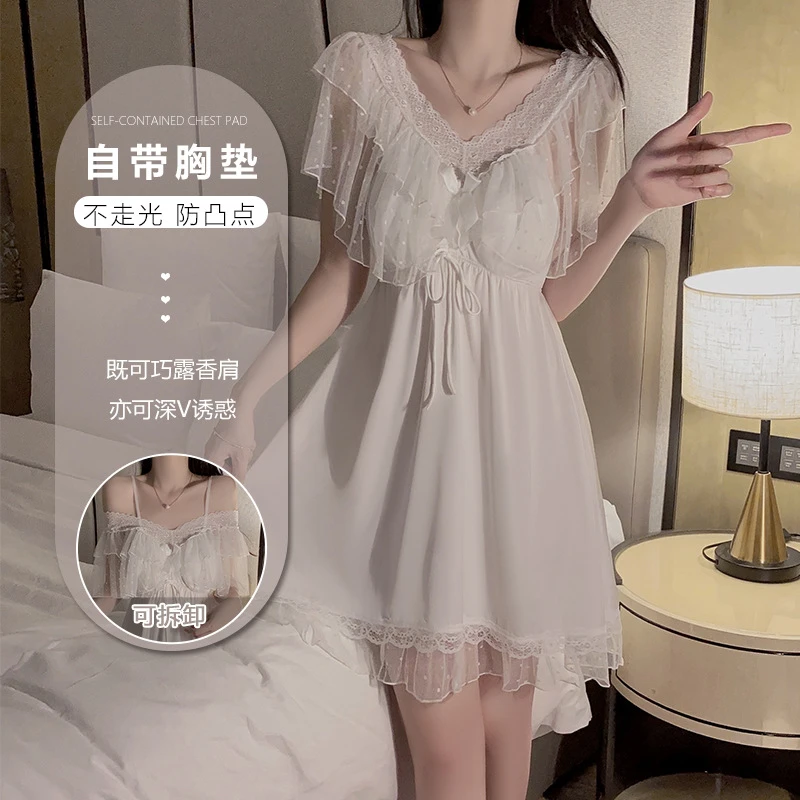 性感一字肩蕾丝纯欲舒适冰丝胸垫大码吊带裙家居服套装睡裙