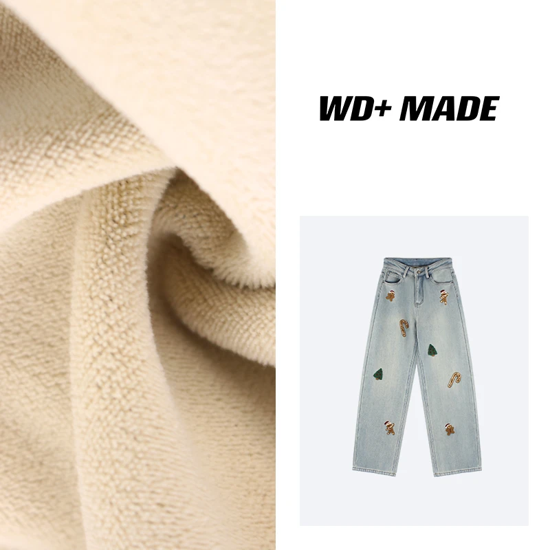 时尚氛围感植绒公仔圣诞节高腰显瘦直筒牛仔裤