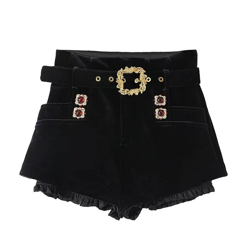 现货2023秋季新款复古宫廷贵气腰带阔腿丝绒短裤女LF23Q41P01B046