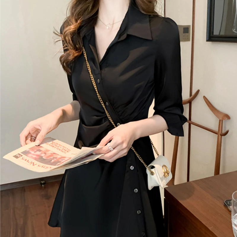 法式高级感黑色衬衫连衣裙女夏季小个子气质小黑裙2024新款9307