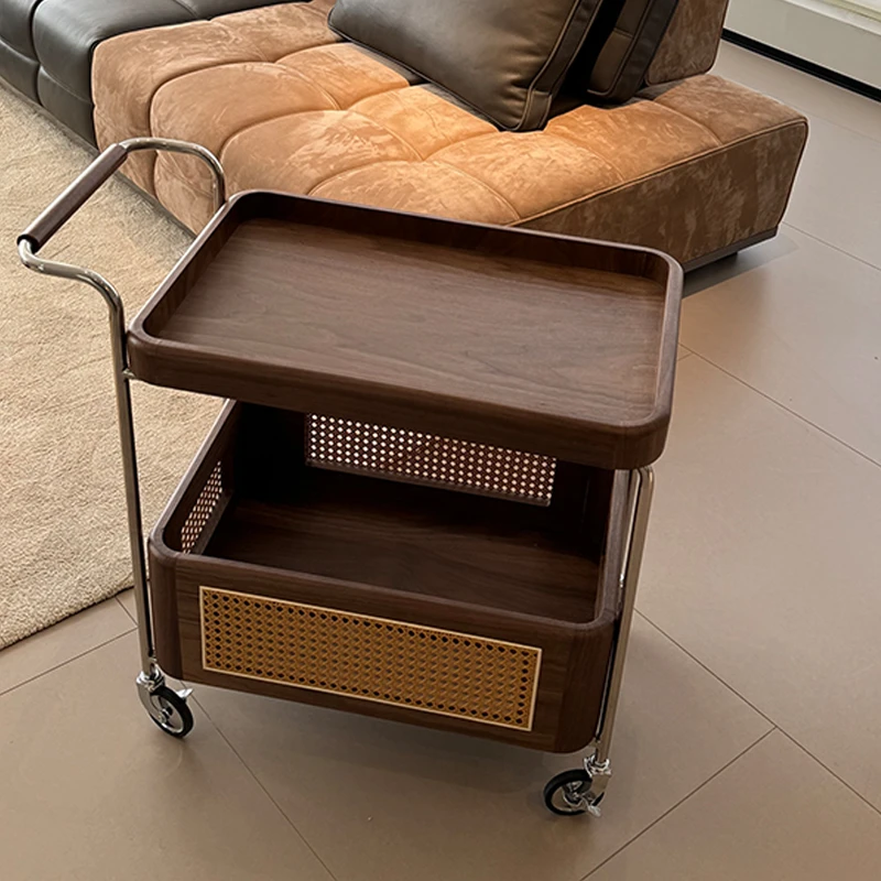 侘寂风北欧实木边几黑胡桃木收纳小推车客厅沙发藤编置物边柜