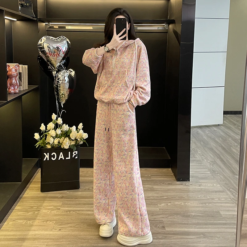 休闲运动春秋季搭配一整套时尚套装拉链连帽宽松显瘦卫衣两件套女