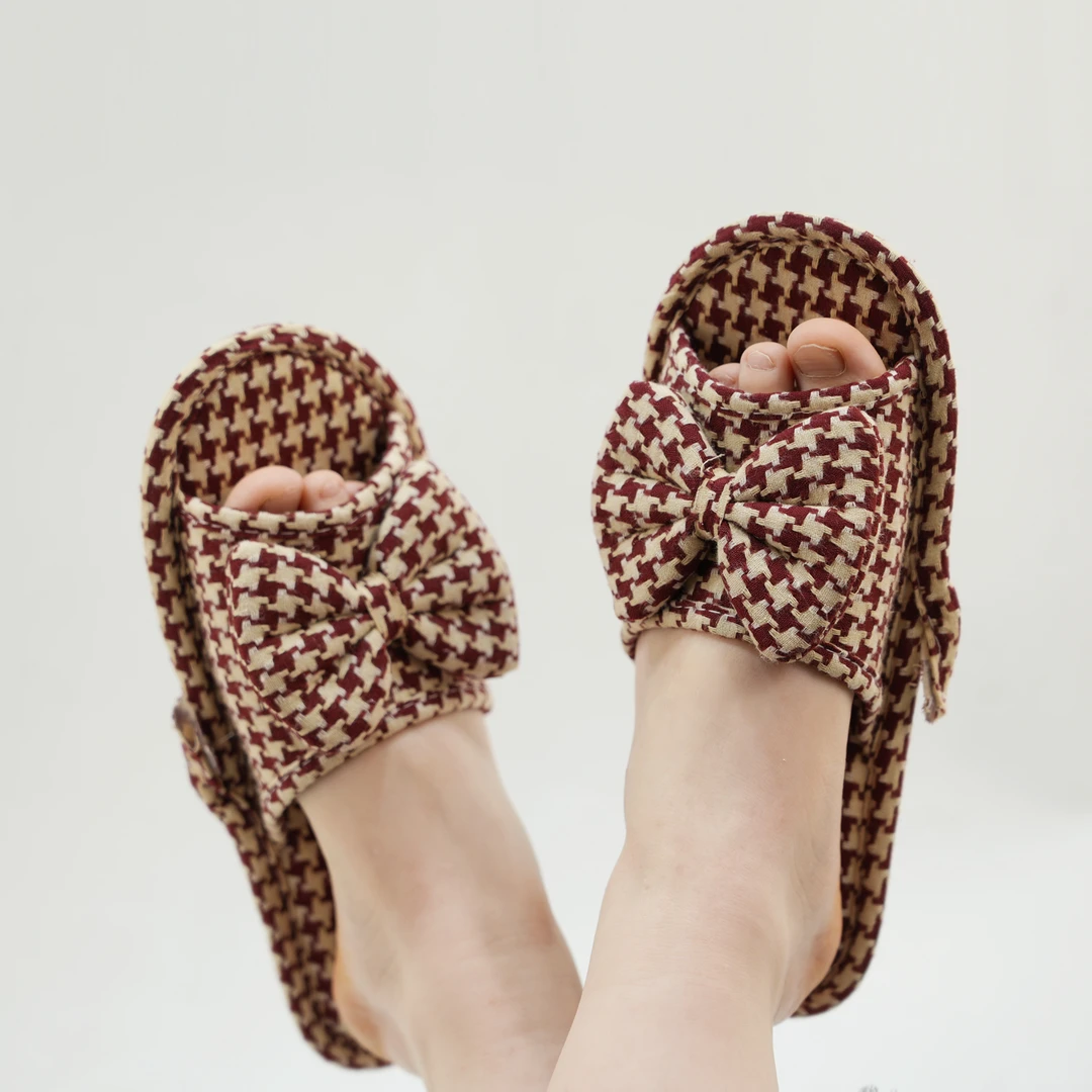 格子亚麻拖鞋圈居家夏季