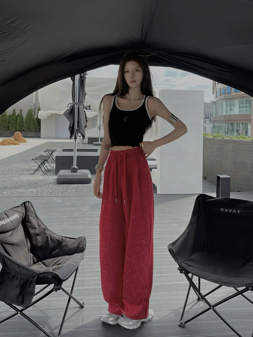 美式复古扎染口袋拖地裤女2024秋季新款宽松休闲显瘦显高阔腿裤子