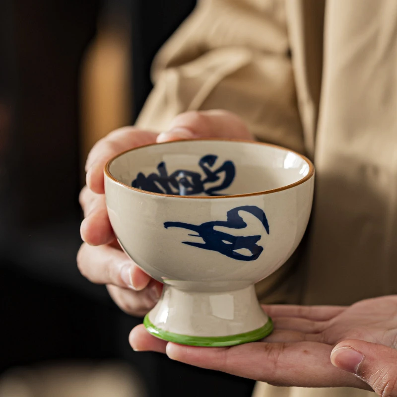 草木灰仿古高脚主人杯釉下手写贵妃高足个人杯子家用茶盏品茗茶杯