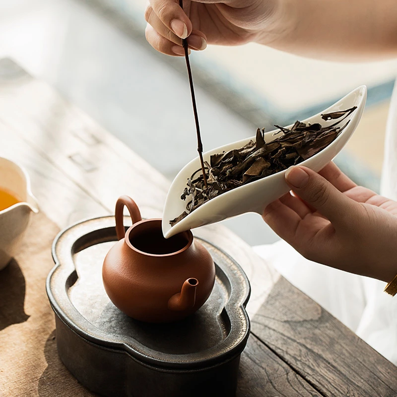 白瓷茶荷茶则茶拨陶瓷茶勺茶道配件赏茶醒功夫茶具二件套茶匙茶铲