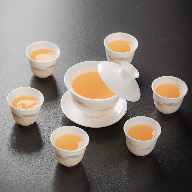 羊脂玉功夫茶具套装家用客厅高档轻奢泡茶办公室德化白瓷盖碗茶杯