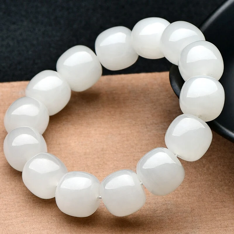 DS398新疆和田玉手链白玉老行珠男女通戴款简约情侣款卡14mm