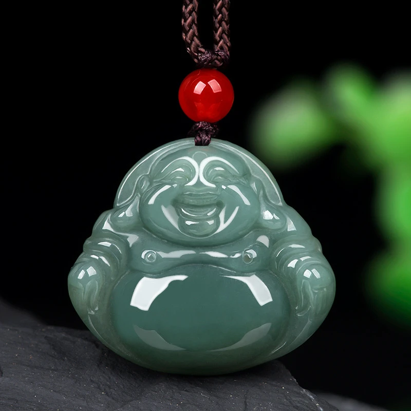 天然翡翠A货笑口常开蓝水佛吊坠配绳DD877