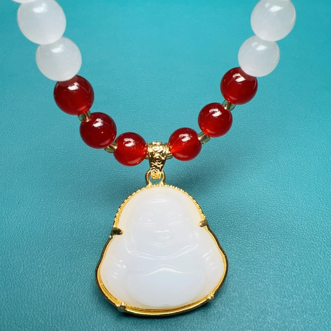 新疆克拉玛依白色金丝玉佛公款吊坠配项链有证书DD824