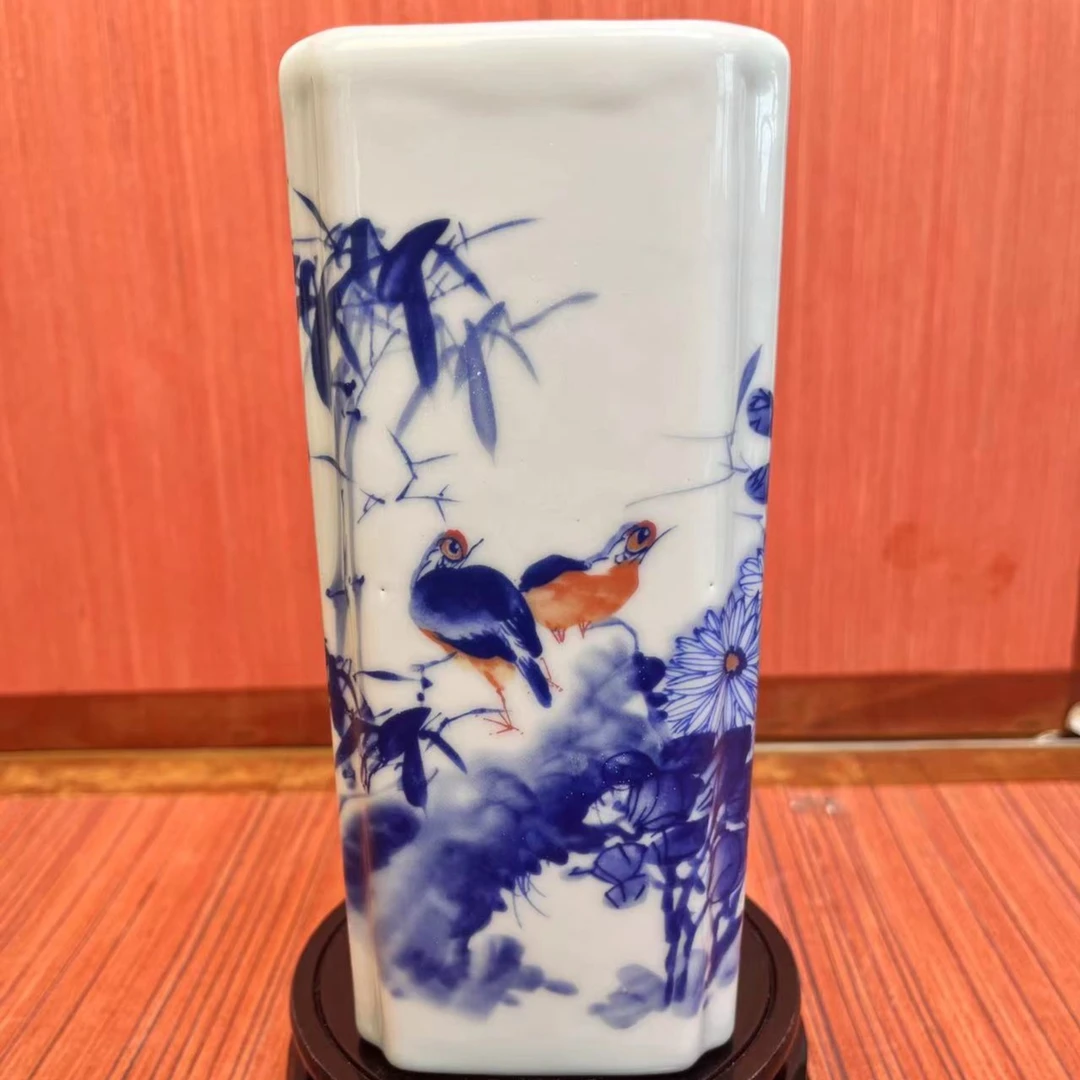 景德镇陶瓷创意青花花鸟四方笔筒ZY-144