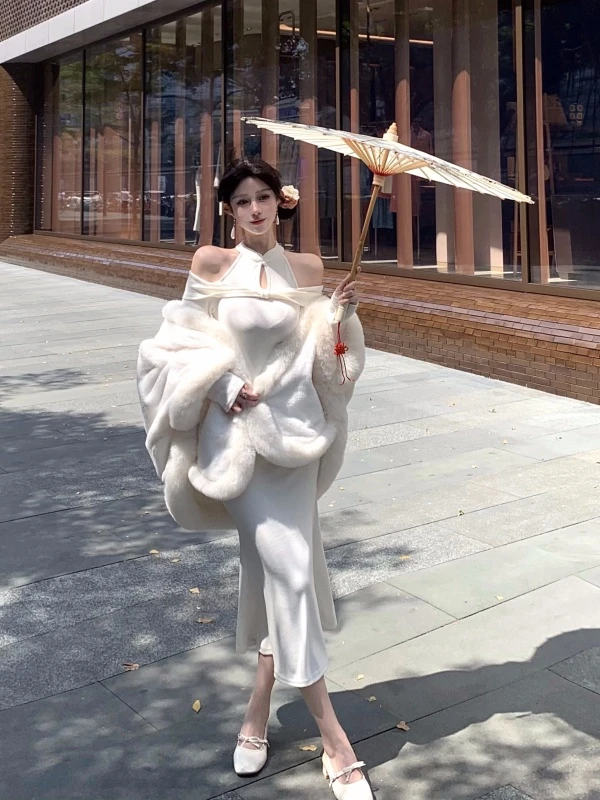 可儿~新中式白色斗篷加厚披肩大衣+修身包臀裙连衣裙打底裙套装女