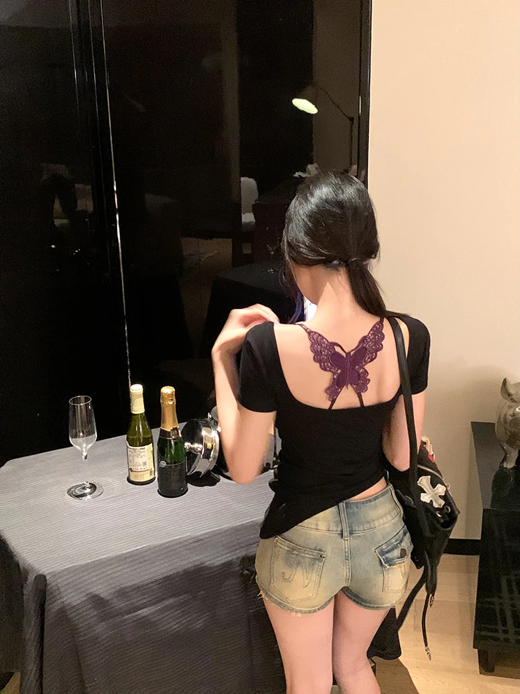 纯欲天菜 夏季新款蝴蝶挂脖内搭女辣妹纯色t恤夏季修身短袖上衣女