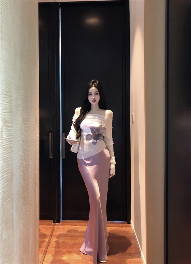 2024秋季一字肩花卉印花长袖T恤小众不规则上衣鱼尾半身裙套装