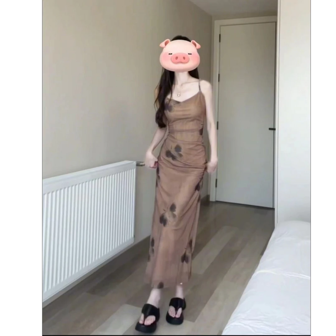 优雅气质褶皱设计复古印花水墨画扎染吊带纯欲连衣裙女