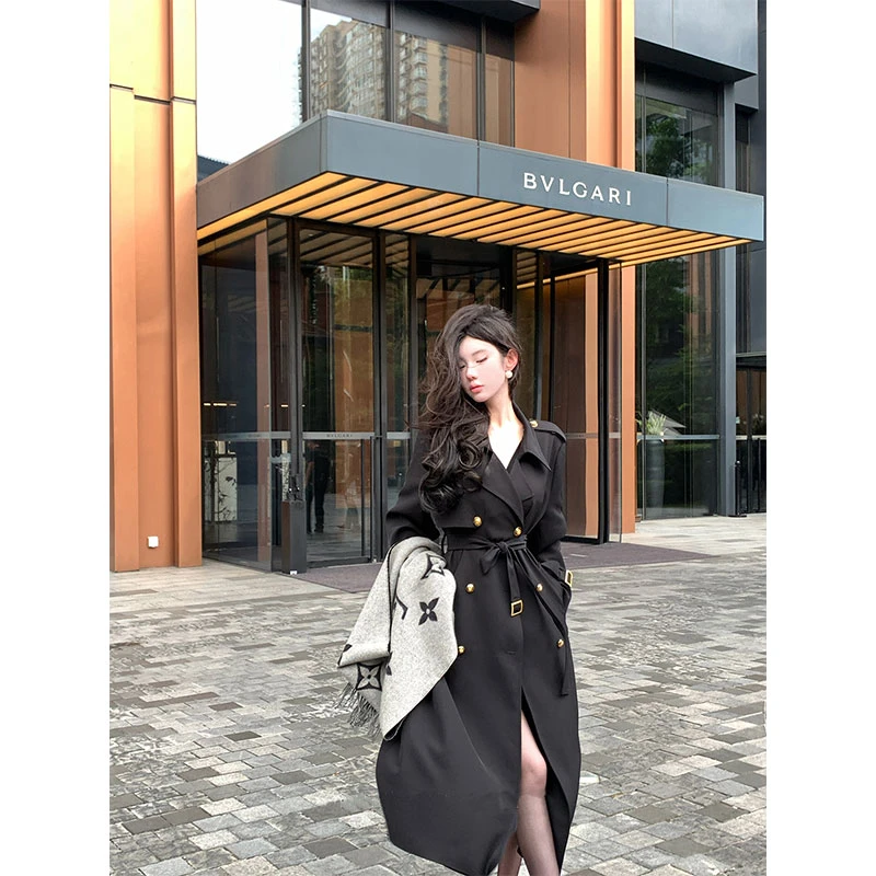 【千颂伊】2024早秋新款气质时髦风衣时尚显瘦黑色长款双排扣外套女