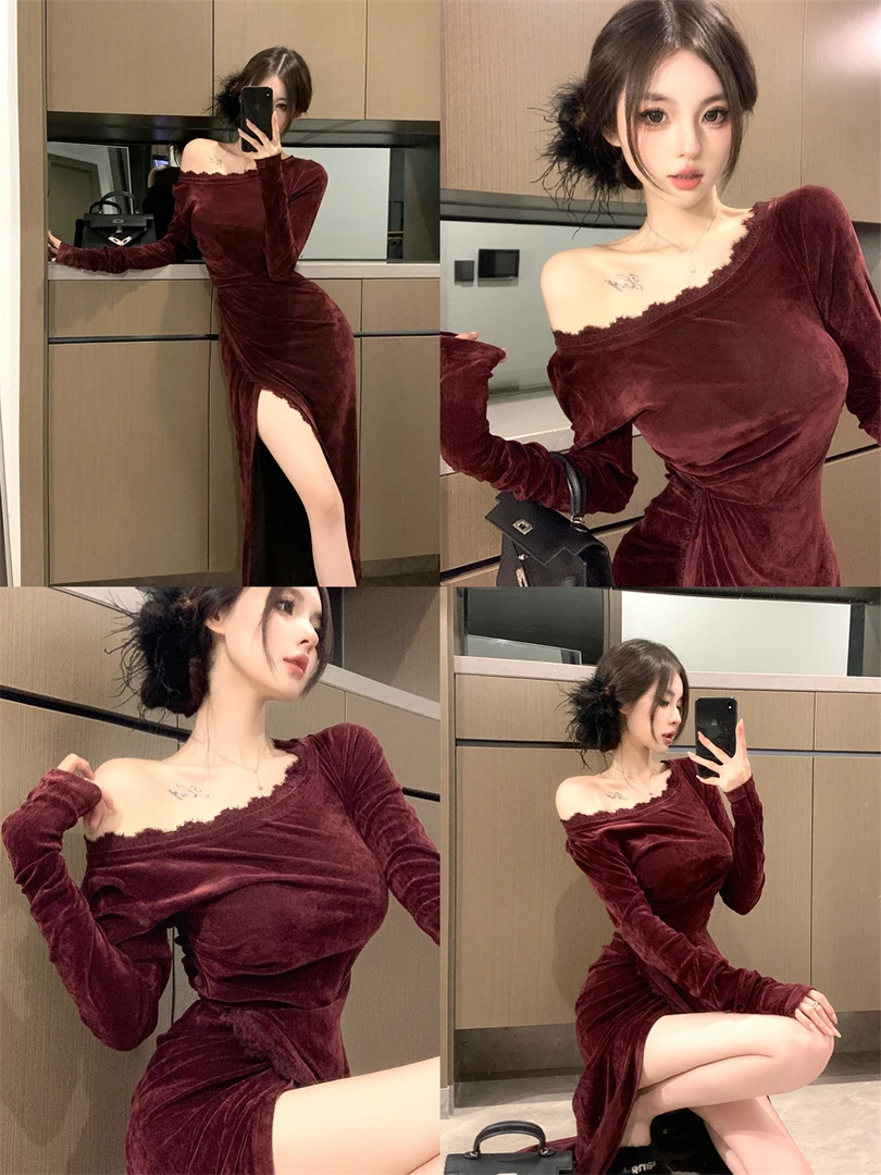 2025秋冬新款高级感时尚新中式国风复古丝绒蕾丝斜肩气质连衣裙女